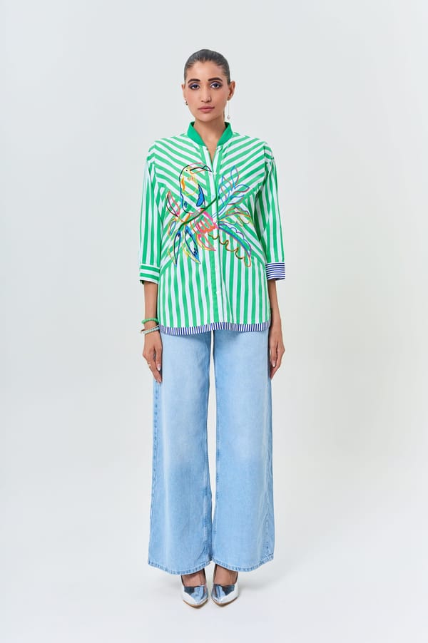 Green and White Striped Cotton Shirt with Toucan Embroidery — KOR