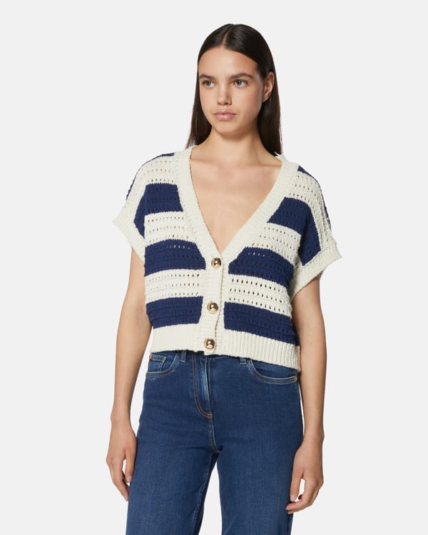 Cropped Navy and Off-White Striped Openwork Cardigan — SILVIAN HEACH