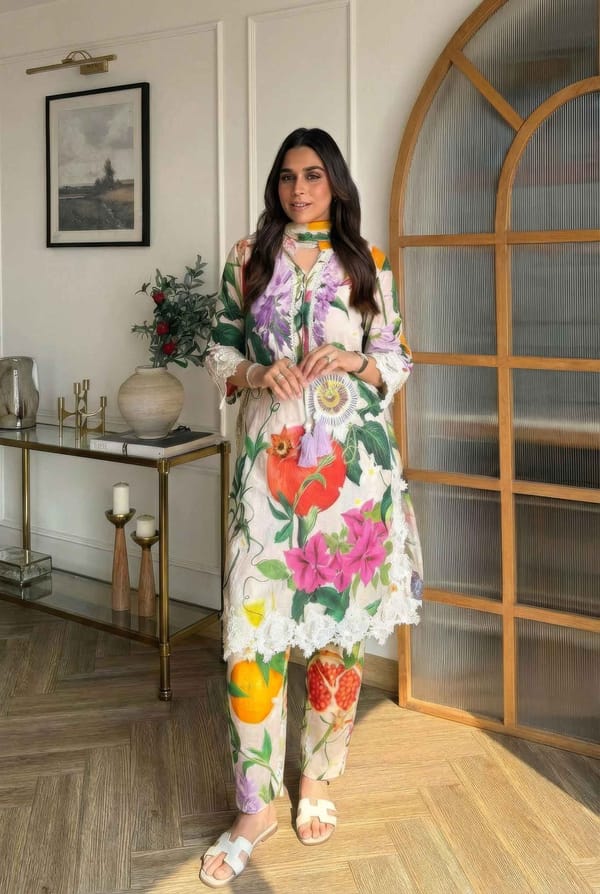 Multicolor Printed Cotton Lawn Suit Set With Lace Trim — Rainas