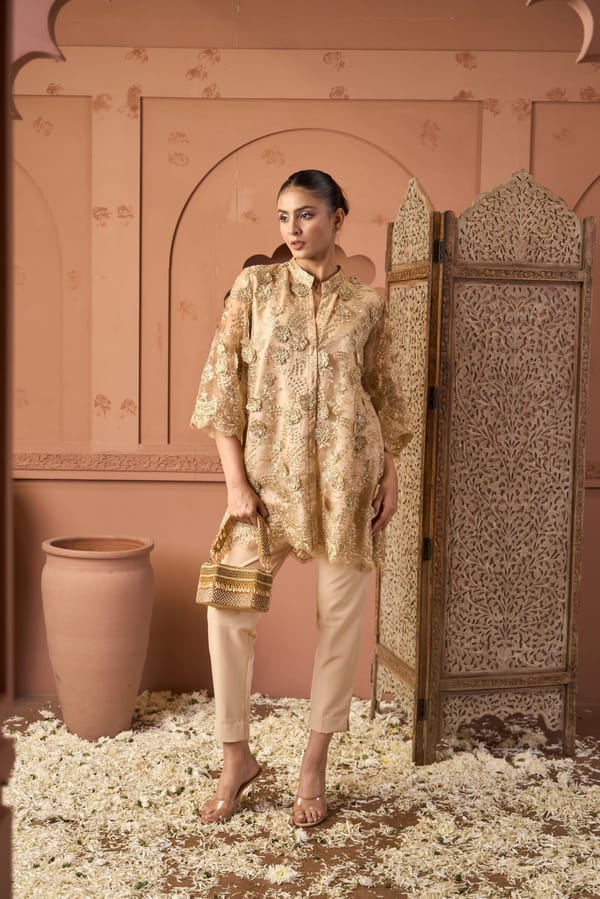 Nude Sequin Embroidered Net Kurta Set with Pants — TASUVURE
