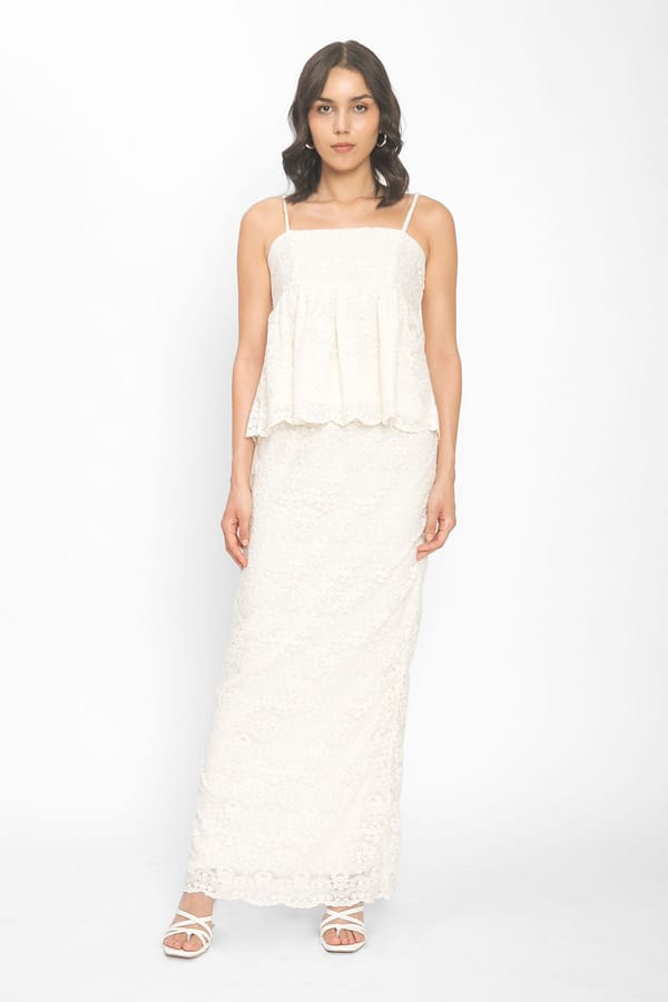 White Schiffli Peplum Top and Maxi Skirt Co-ord Set — Contemponari