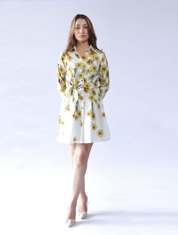 White Sunflower Printed Mini Shirt Dress with Waist Tie — THE FINICKY COLORIST