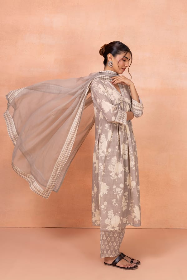 Grey Floral Print Cotton Kurta Set with Dupatta — CHHIPA JAIPUR
