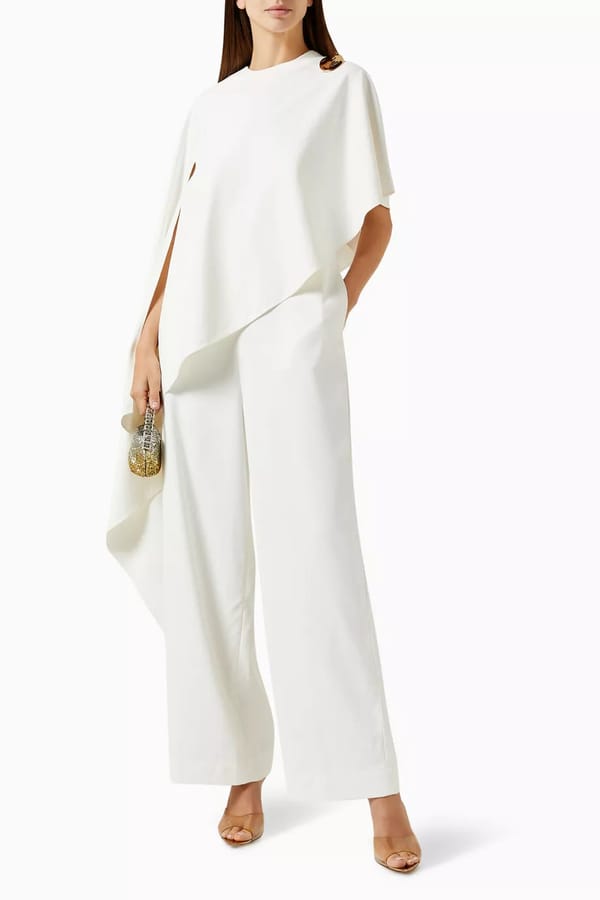 Wine Asymmetrical Cape Drape Wide-Leg Jumpsuit — NOTEBOOK