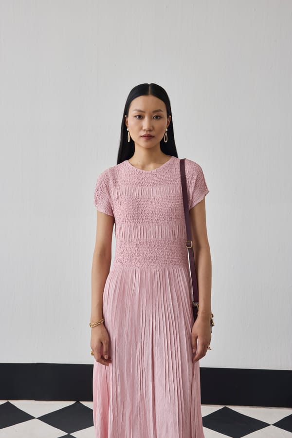 Nude Pink Smocked Fit and Flare Midi Dress — Pleats by Aruni