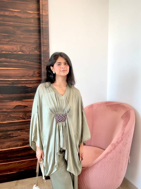 Sage Green Kaftan Co-ord Set with Wide-Leg Pants — Neora