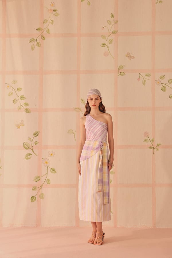 Purple/Yellow One-Shoulder Striped Wrap-Tie Midi Dress — Sage by Mala
