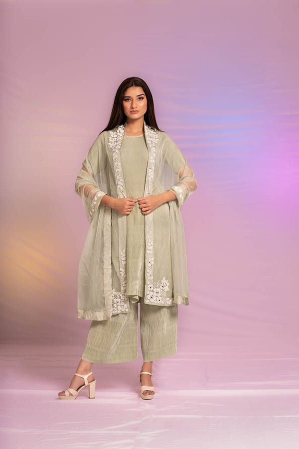 Green Pleated Satin Kurta Set with Pearl-Work Dupatta — PREETI MEHTA