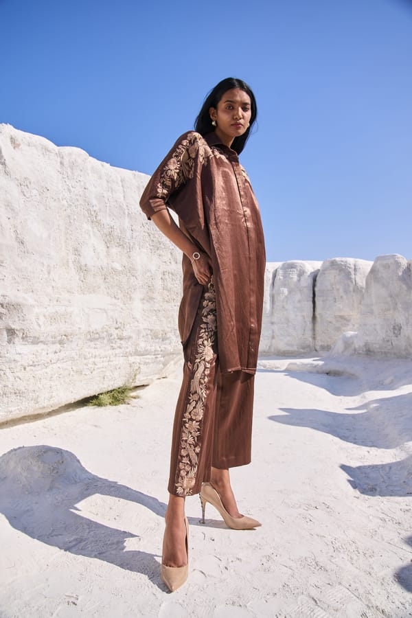 Coffee Tencel Straight-Leg Side-Embroidered Trousers — Dash and Dot
