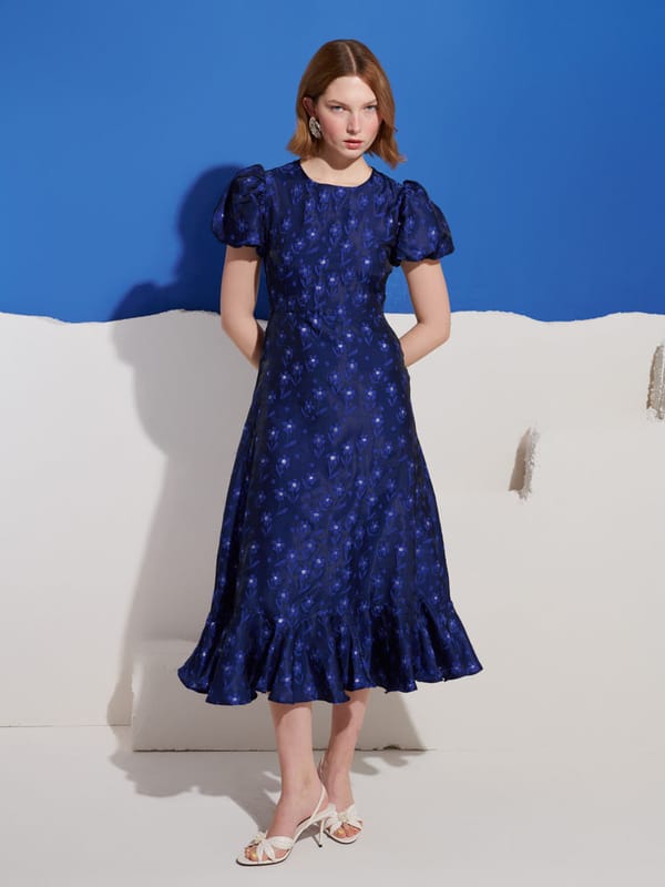 Cobalt Blue Floral Jacquard Puff Sleeve Midi Dress — SISTER JANE