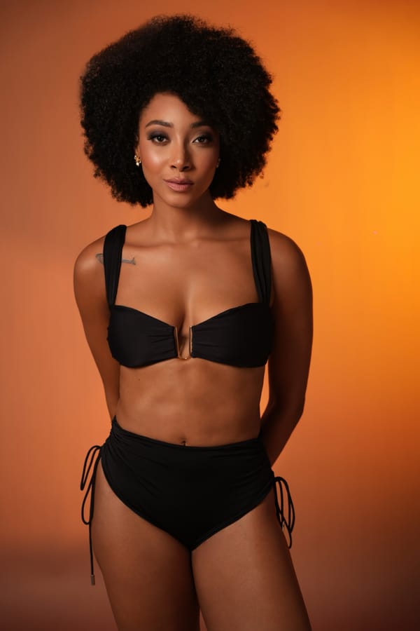 Black Ruched Bikini with High-Waist Bottoms — Mysthelle