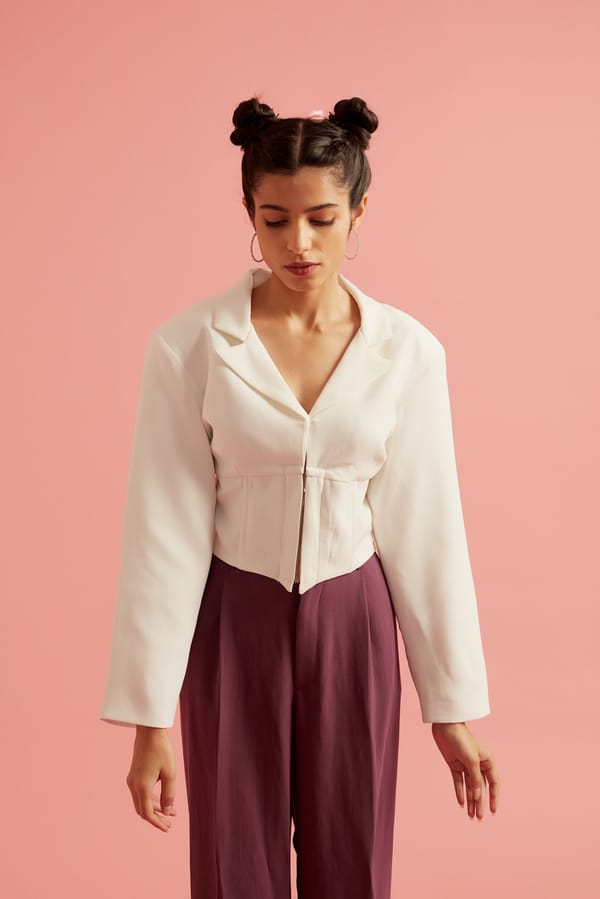 Plunging Front Corset Blazer White Top — The Clothing Factory