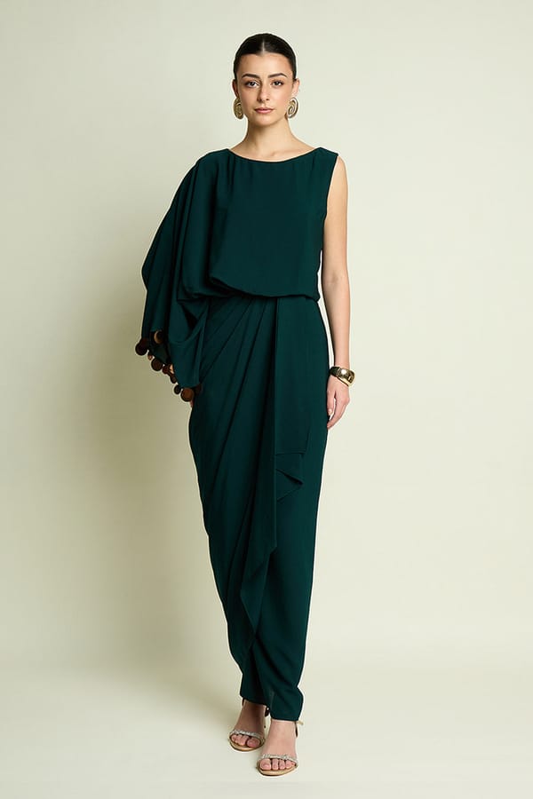 Emerald Draped Dress With Metallic Coin Detail — Aakaar