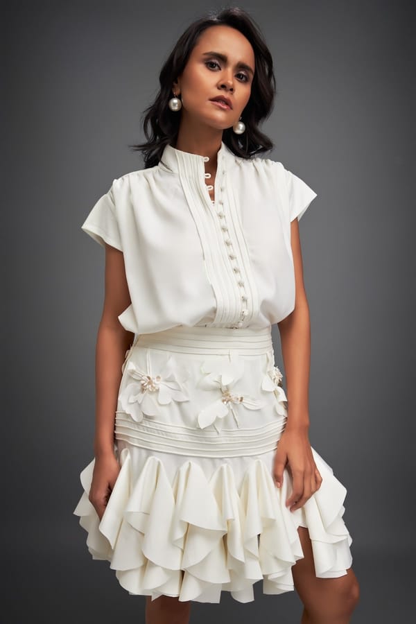 Ruffled Skirt and Structured Blouse with Floral Embroidery — Deepika Arora