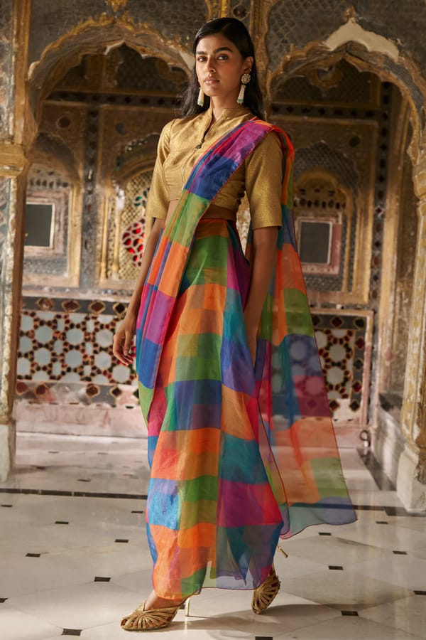 Multicolour Checked Organza Sari-Drape Maxi Skirt — Dash and Dot