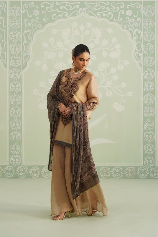 Gold Shimmer Satin Embroidered Kurta Sharara Set with Dupatta — NEETIKA CHOPRA