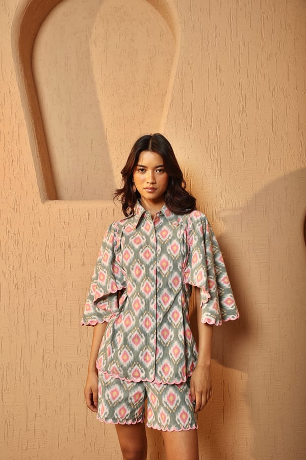 Sage and Pink Ikat Scalloped Hem Button-Down Shirt — MANVI DAGA STUDIO