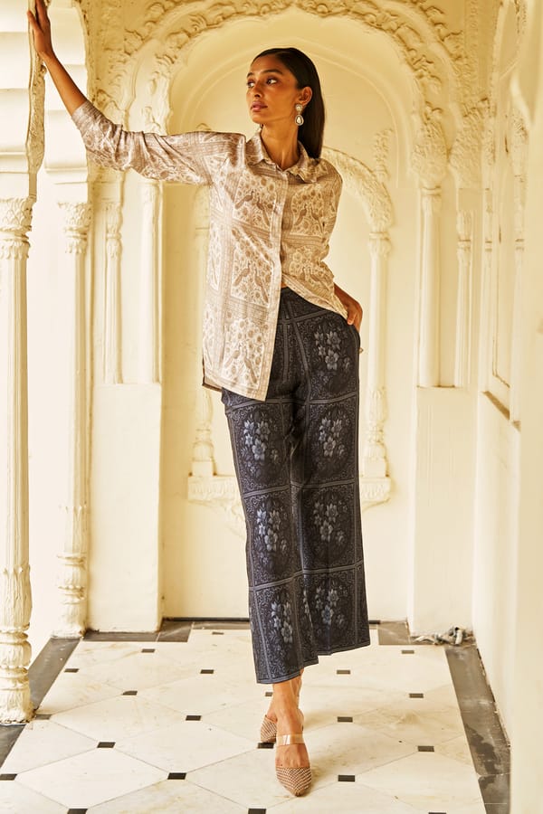 Black Tonal Mughal Print Relaxed Wide-Leg Trousers — Dash and Dot