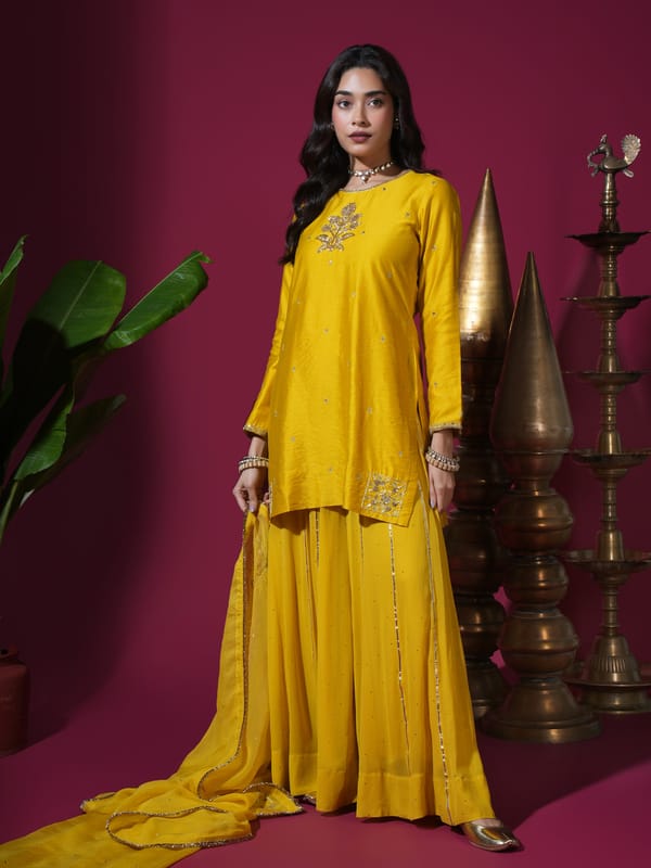 Mustard Flower Short Kurta Badla Palazzo Set — KOMAL SHAH