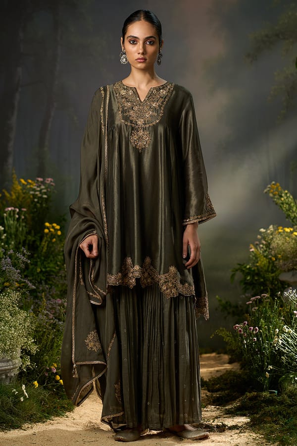 Tarmac Raw Silk Embroidered A-Line Sharara Kurta Set — Ganga Fashions Pvt Ltd