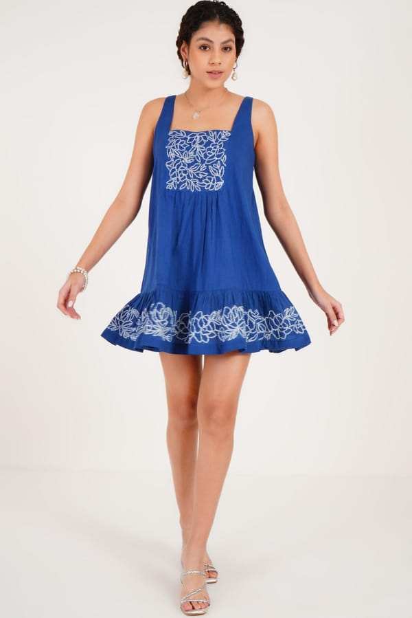Blue Square-Neck Embroidered Fit and Flare Mini Dress — Western Era