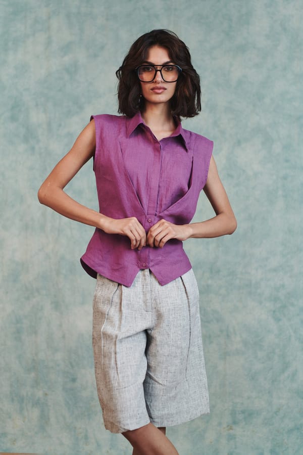 Berry Linen Sleeveless Double Placket Top — Saphed