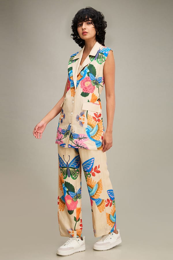 Beige Printed Sleeveless Blazer and Straight Pants Co-ord Set — SOUP by Sougat Paul