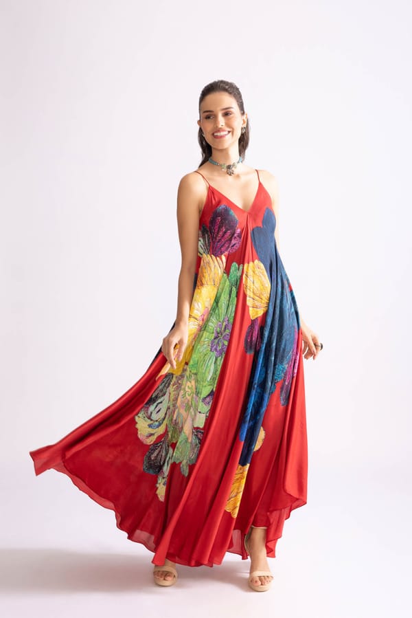 Deep Red Floral V-Neck Asymmetric Maxi Dress with Belt — Saaksha and Kinni