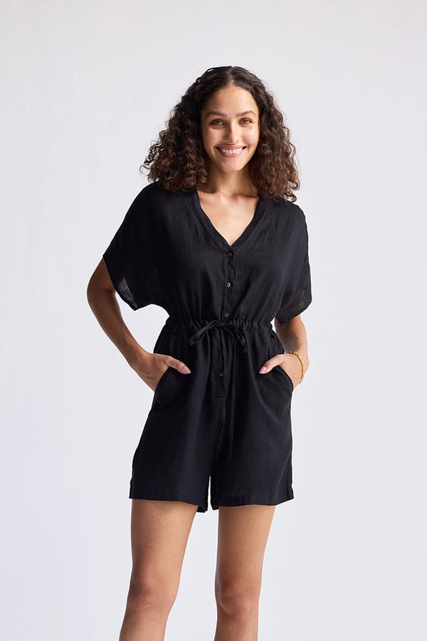 Black Hemp V-Neck Drawstring Romper — REISTOR