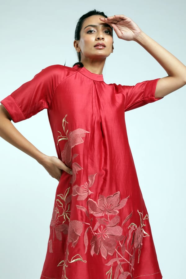 Red Embroidered A-Line Knee-Length Dress with Open Back — Madder Much