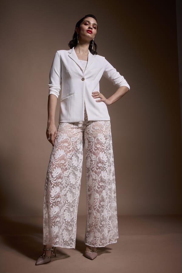 Ivory Embroidered Mesh Wide-Leg Trousers — Dash and Dot