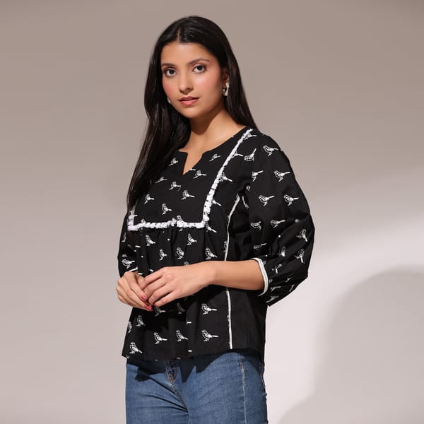 Black Bird Motif Oversized Top with Yoke Detail — Brand New Brand