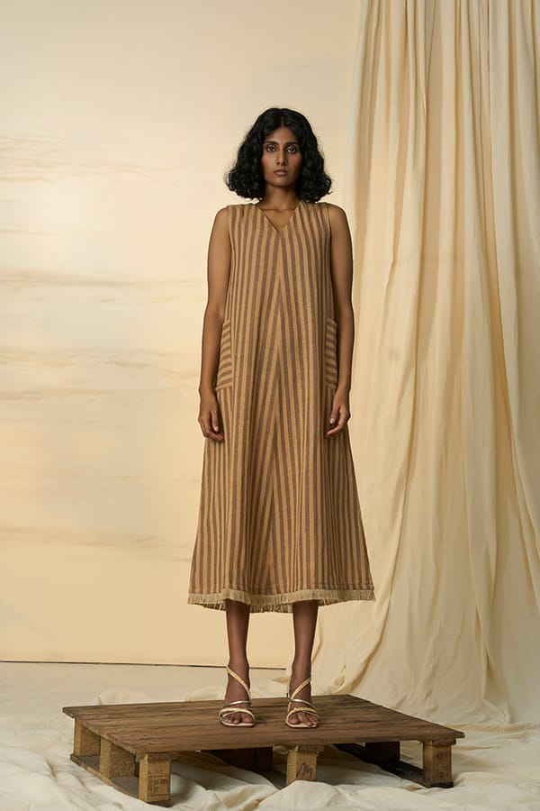 Brown Striped Kala Cotton Sleeveless V-Neck Midi Dress — ALTER NATIVE
