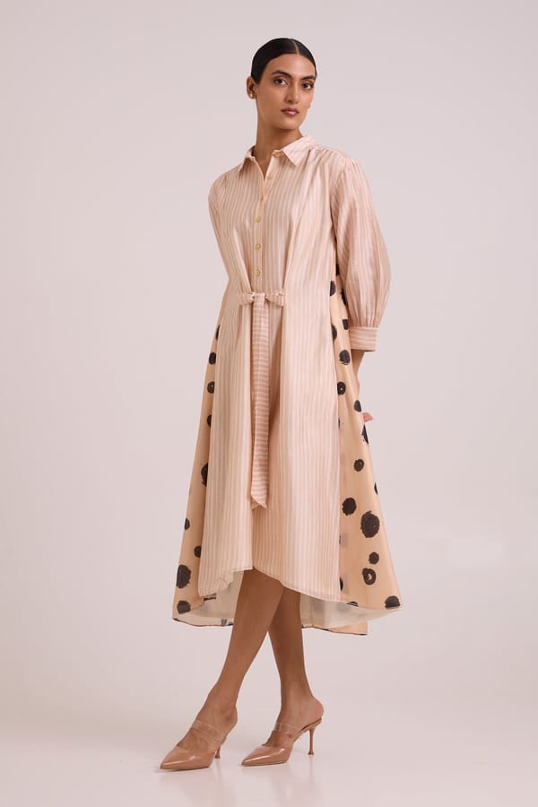 Almond Mixed-Print Midi Shirt Dress with Tie Belt — Madder Much