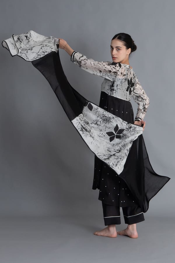 Black Printed Embroidered Dress Co-ord — Khat