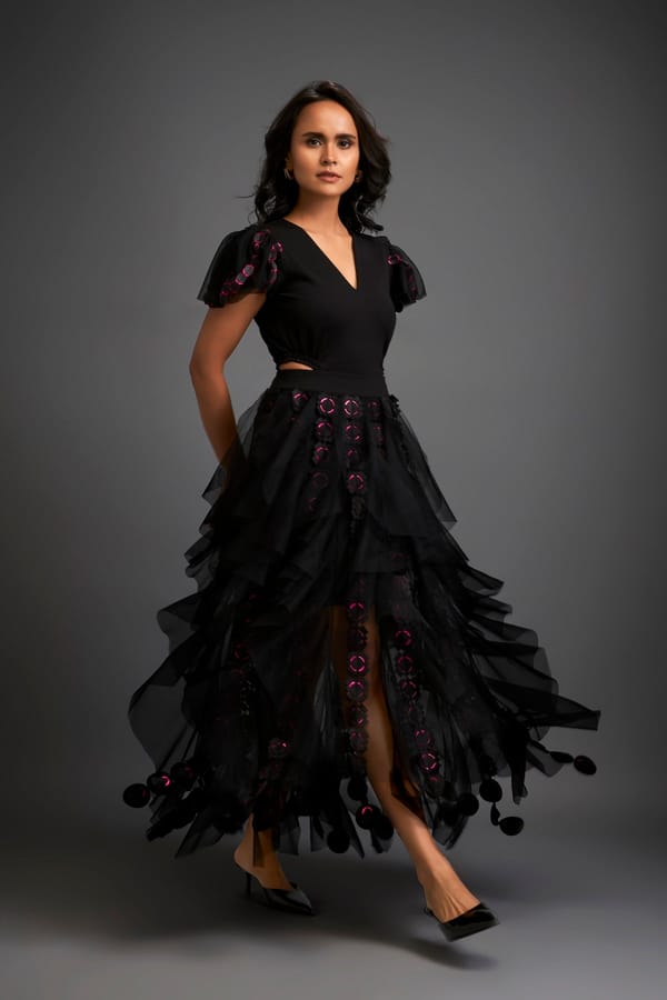Layered Cascading Sheer Skirt With Intricate Pink Cutwork Detailing — Deepika Arora