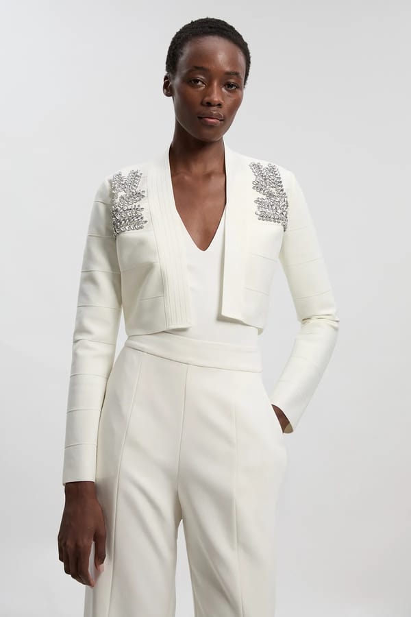 White Cropped Embellished Shoulder Jacket — KAREN MILLEN