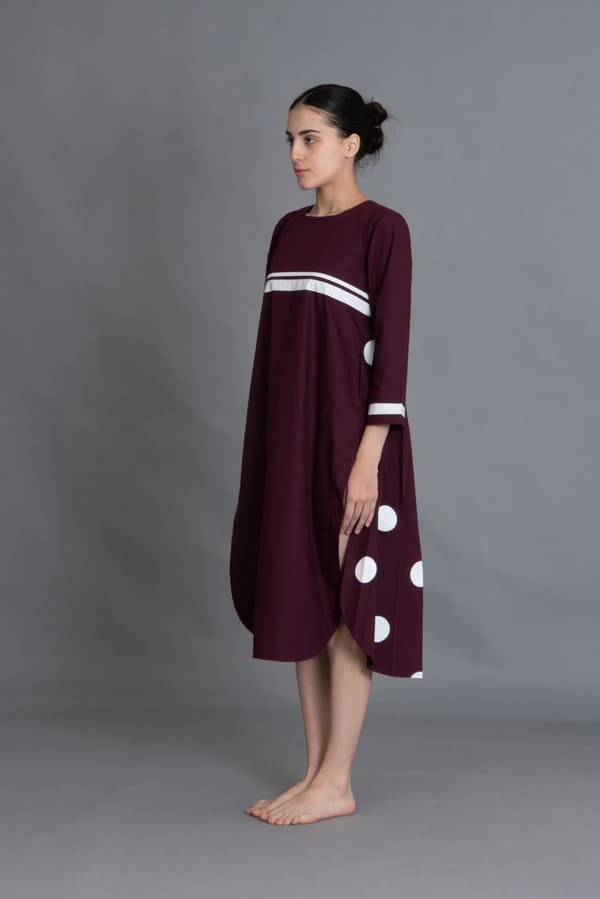 Maroon Polka Pleated Back Dress — Khat