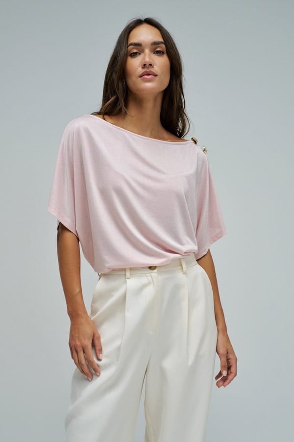 Light Pink Shiny Asymmetrical Boat Neck T-Shirt — SALSA JEANS