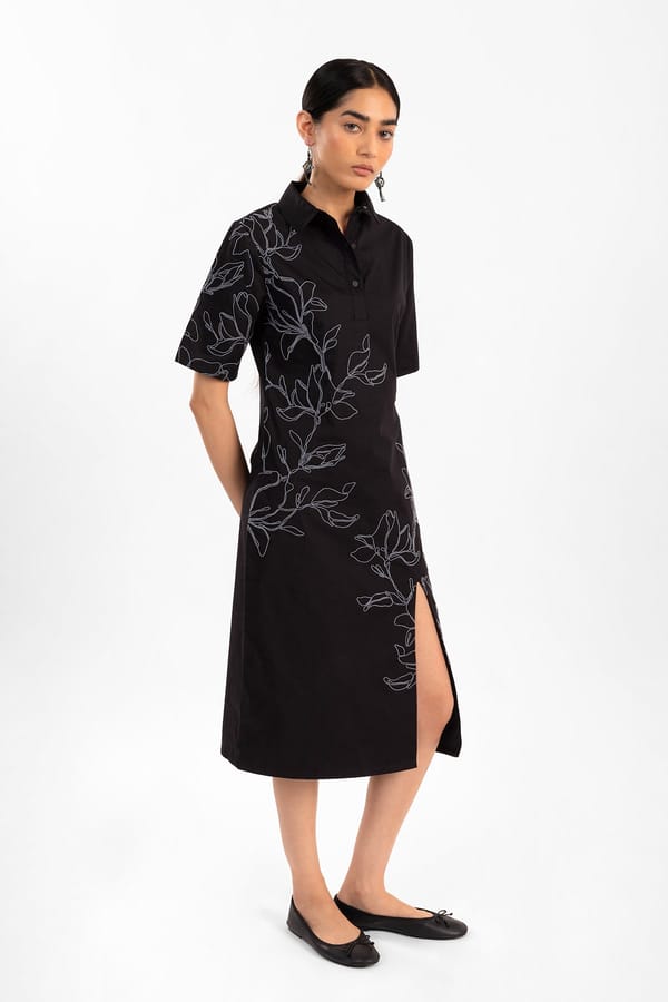 Black Embroidered Collared Midi Dress with Front Slit — Contemponari