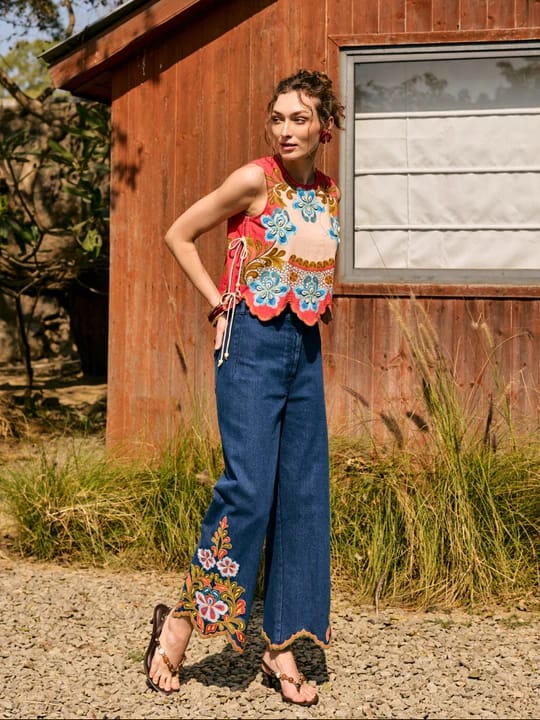 Blue High-Rise Wide-Leg Jeans with Hem Embroidery — Style Island