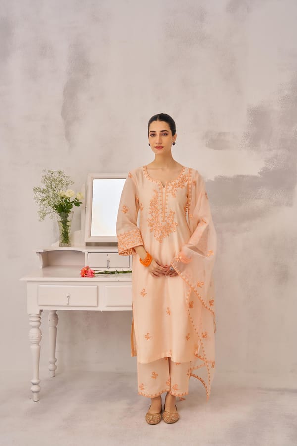 Peach Chanderi Silk Embroidered Suit Set with Dupatta — NARAYANI VASTRA