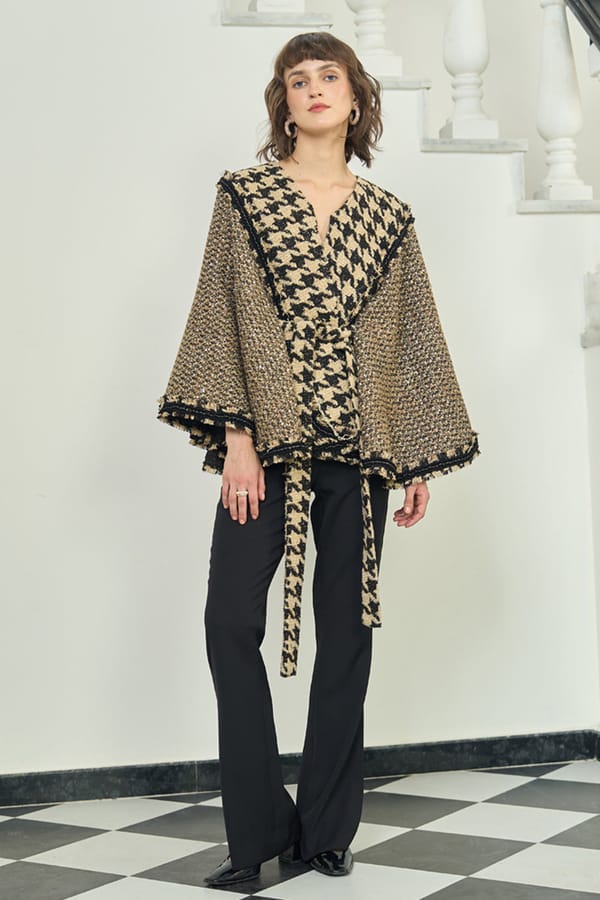 Gold & Black Tweed Houndstooth Belted Cape — AVERIE