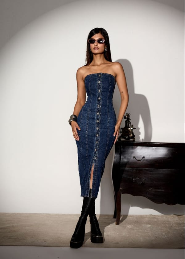 Blue Strapless Denim Button-Front Bodycon Midi Dress — Lea Clothing