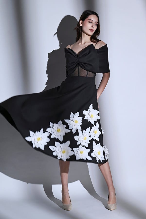 Black Corset Fit and Flare Midi Dress with 3D Florals — OZEQO