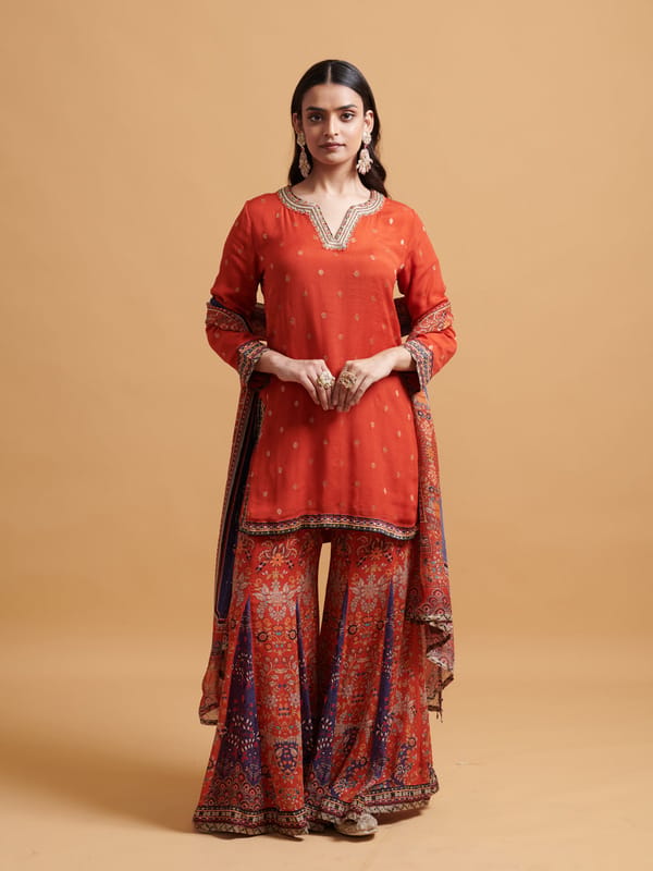 Rust V-Neck Kurta Sharara Set with Dupatta — SAUNDH