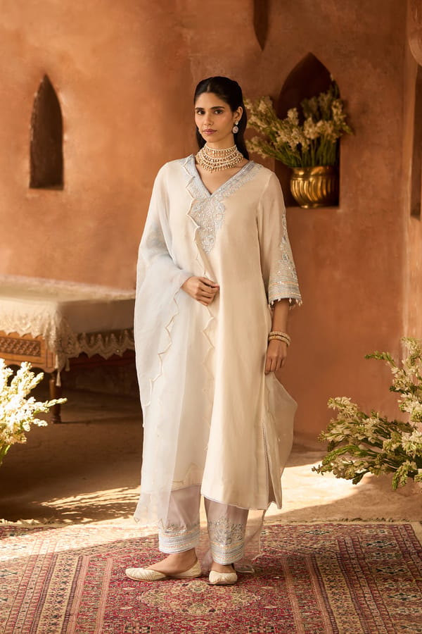 Ivory Blue Embroidered Silk Chanderi Kurta Set with Salwar — Sheetal Batra
