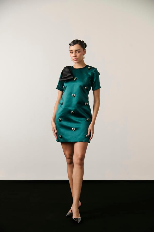 Emerald and Black Satin Mini Dress with Shoulder Bow — Label IRIS