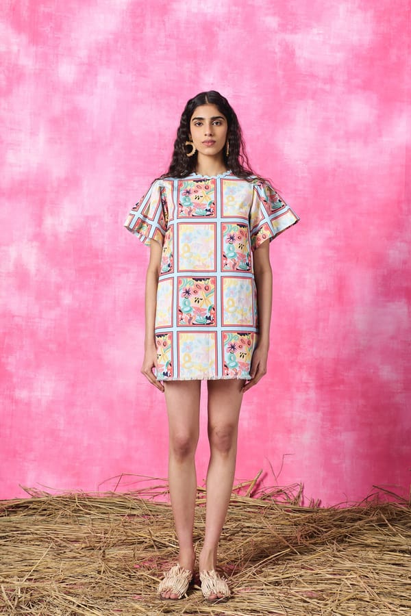 Multicolor Printed Denim Mini Shift Dress — Pocketful Of Cherrie