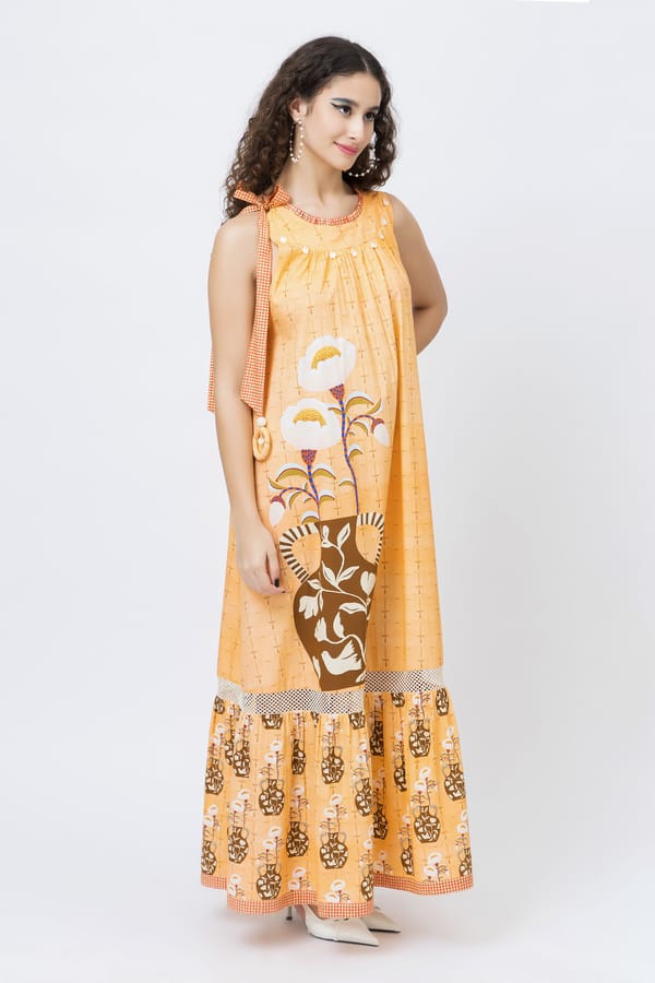 Orange Printed Cotton Tiered Maxi Dress with Tie-Up Neck — Jungle Marigold